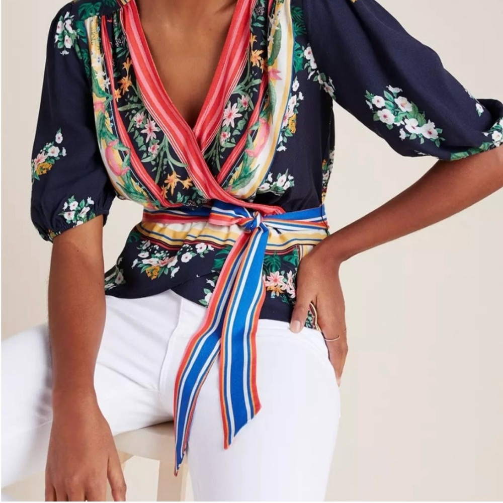 EUC Farm Rio Navy Floral Wrap Blouse